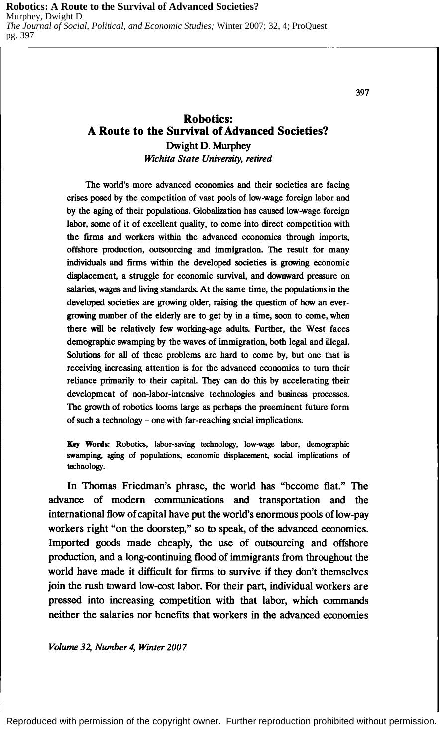 Robotics by A Route to the Survival of Advanced Societies (2007) by Dwight D. Murphey