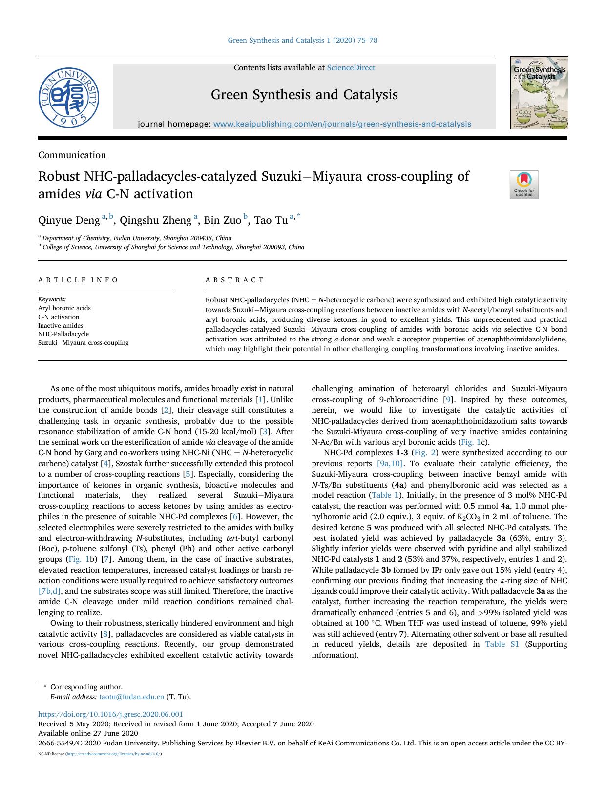 Robust NHC-palladacycles-catalyzed Suzuki-Miyaura cross-coupling of amides via C-N activation by Qinyue Deng & Qingshu Zheng & Bin Zuo & Tao Tu