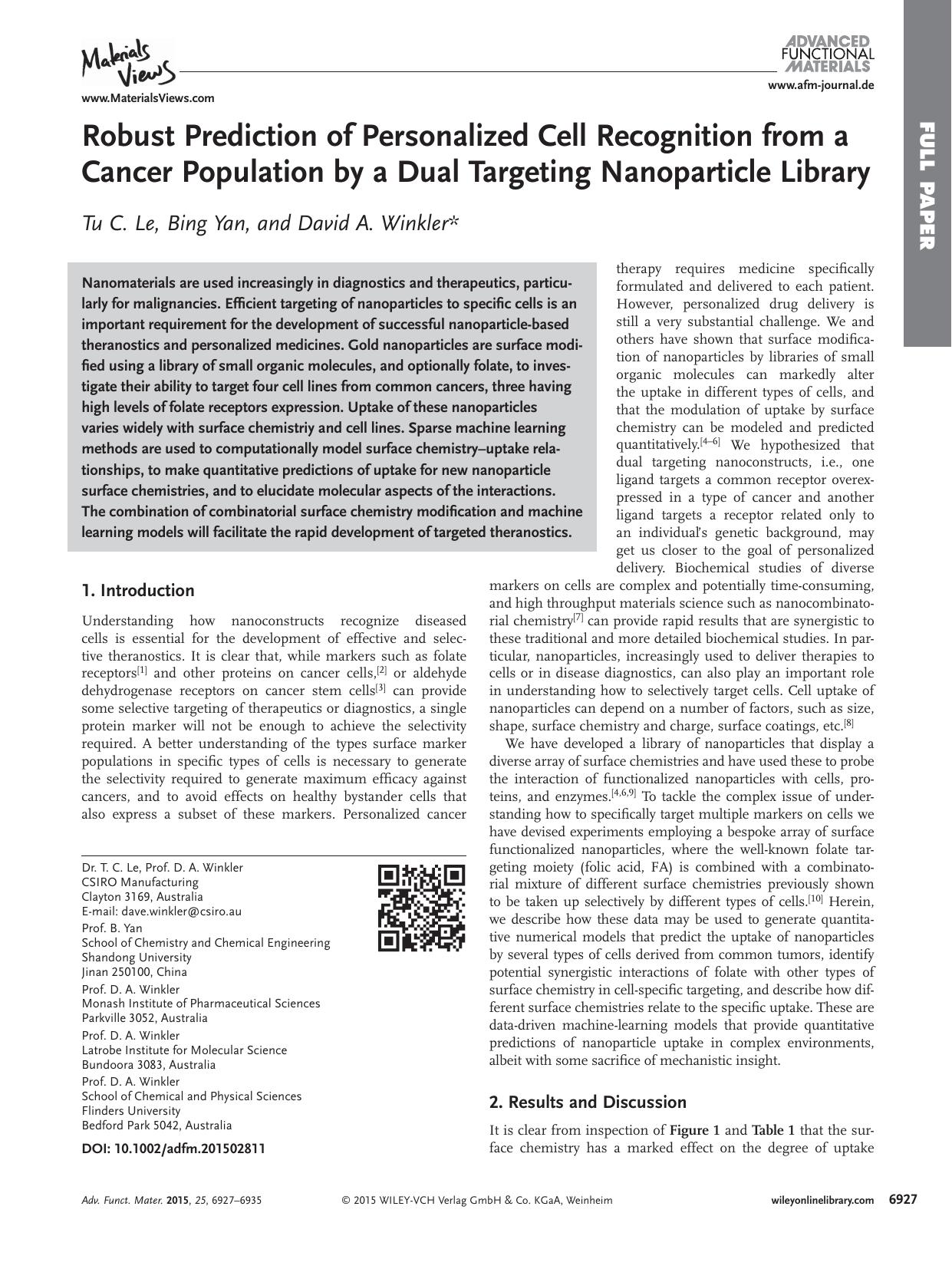 Robust Prediction of Personalized Cell Recognition from a Cancer Population by a Dual Targeting Nanoparticle Library by Unknown