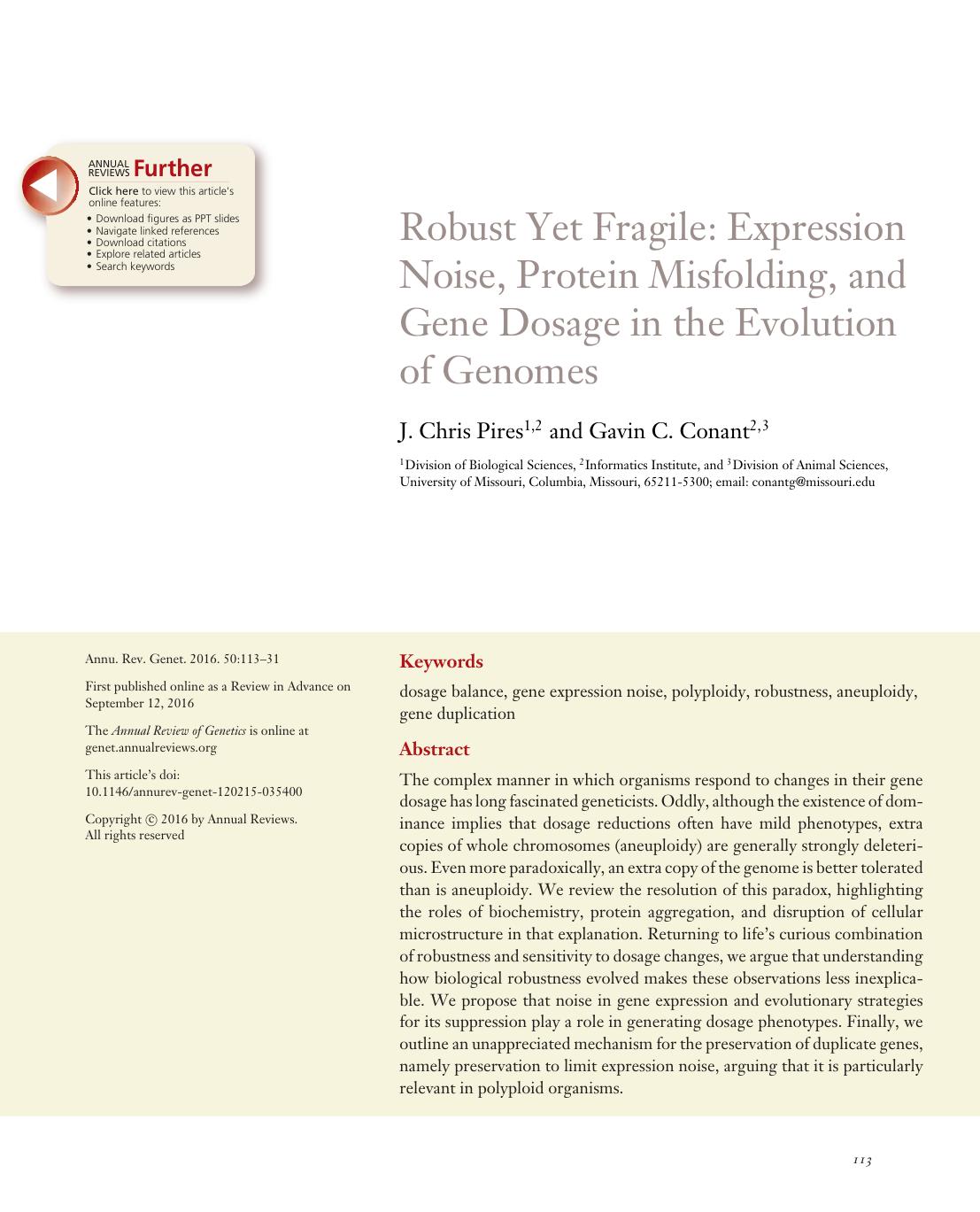 Robust Yet Fragile: Expression Noise, Protein Misfolding, and Gene Dosage in the Evolution of Genomes by J. Chris Pires and Gavin C. Conant