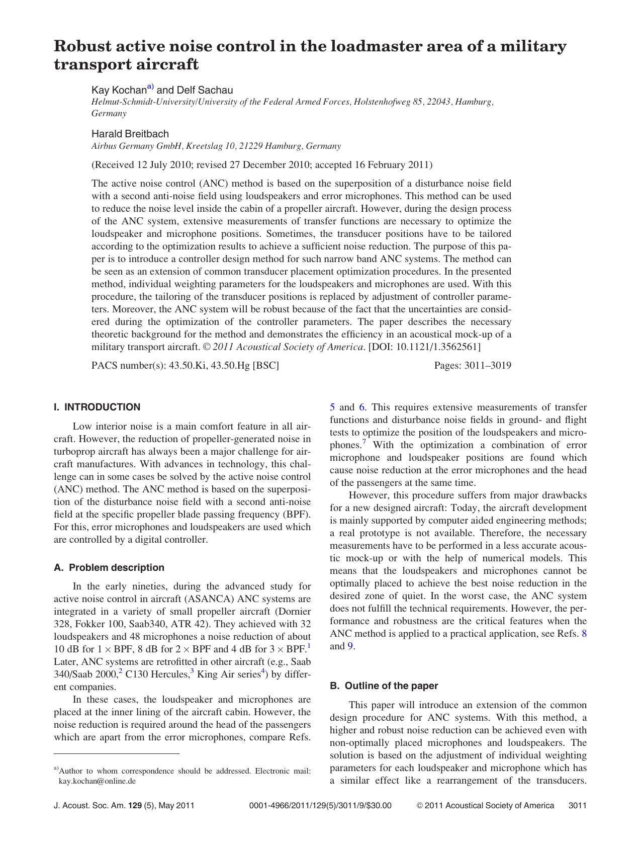 Robust active noise control in the loadmaster area of a military transport aircraft by Kay Kochan Delf Sachau and Harald Breitbach