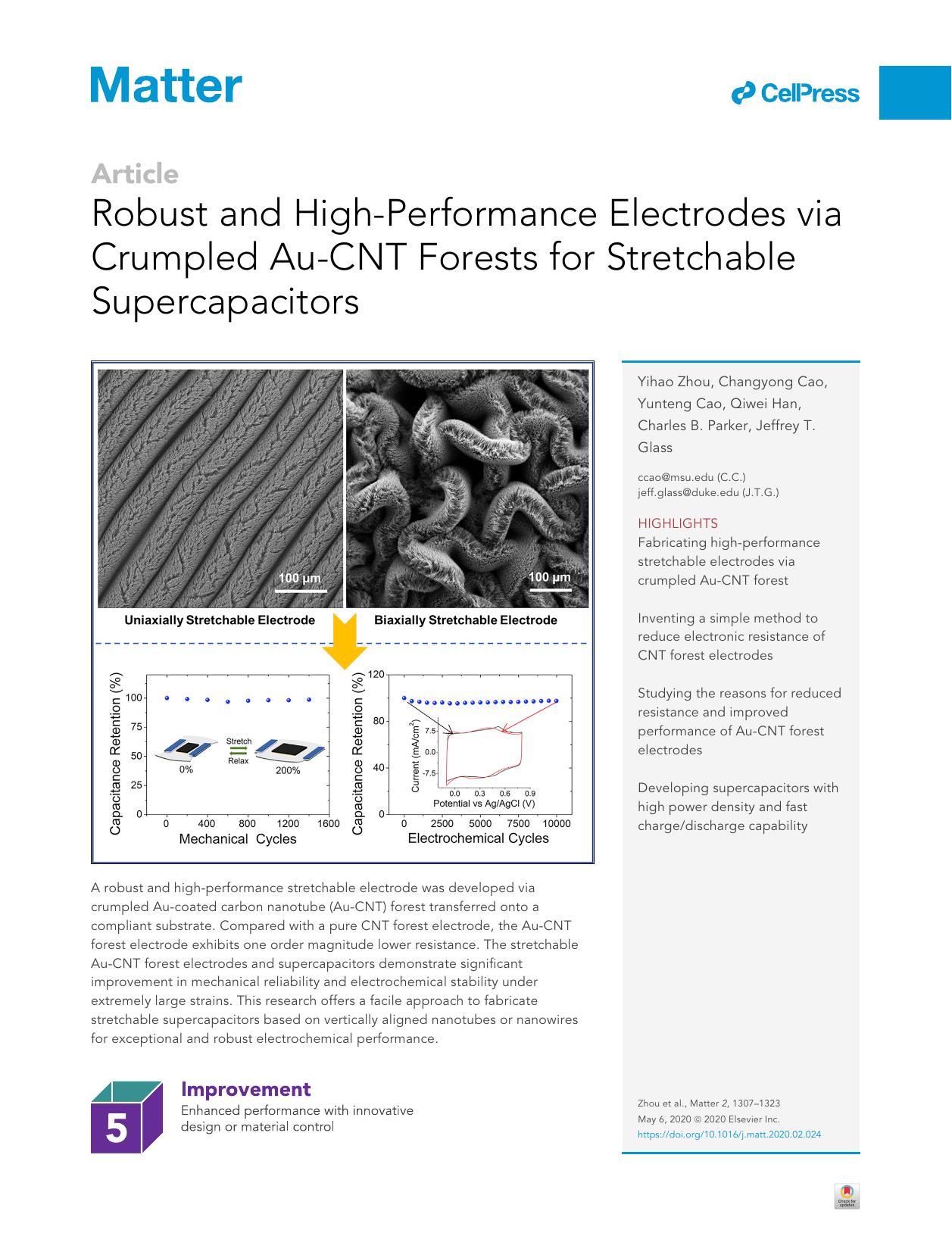 Robust and High-Performance Electrodes via Crumpled Au-CNT Forests for Stretchable Supercapacitors by Yihao Zhou & Changyong Cao & Yunteng Cao & Qiwei Han & Charles B. Parker & Jeffrey T. Glass