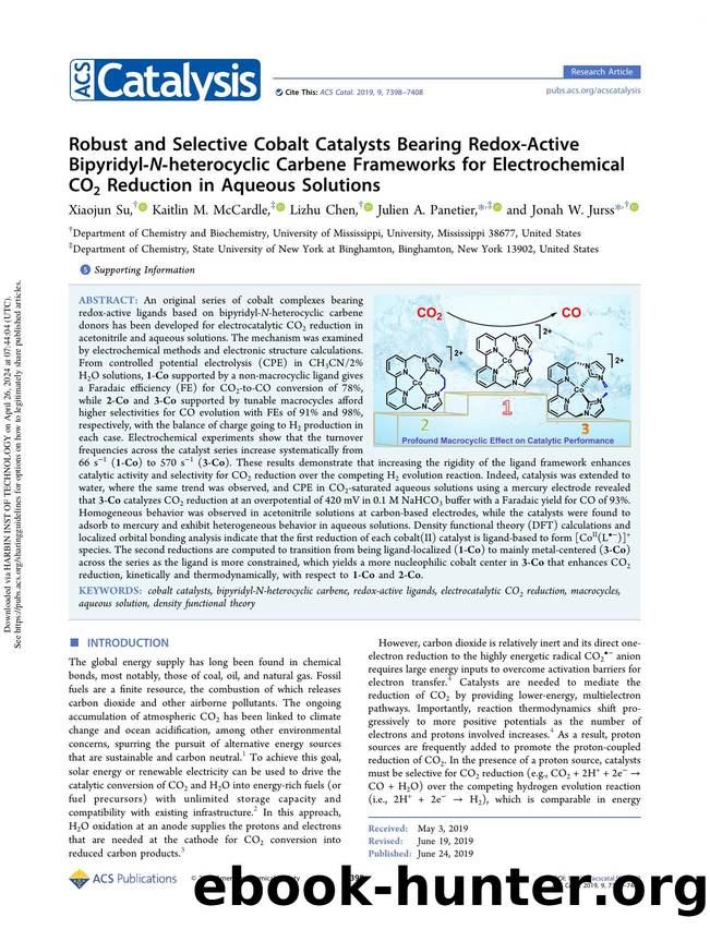 Robust and Selective Cobalt Catalysts Bearing Redox-Active Bipyridyl-N-heterocyclic Carbene Frameworks for Electrochemical CO2 Reduction in Aqueous Solutions by Xiaojun Su Kaitlin M. McCardle Lizhu Chen Julien A. Panetier & Jonah W. Jurss