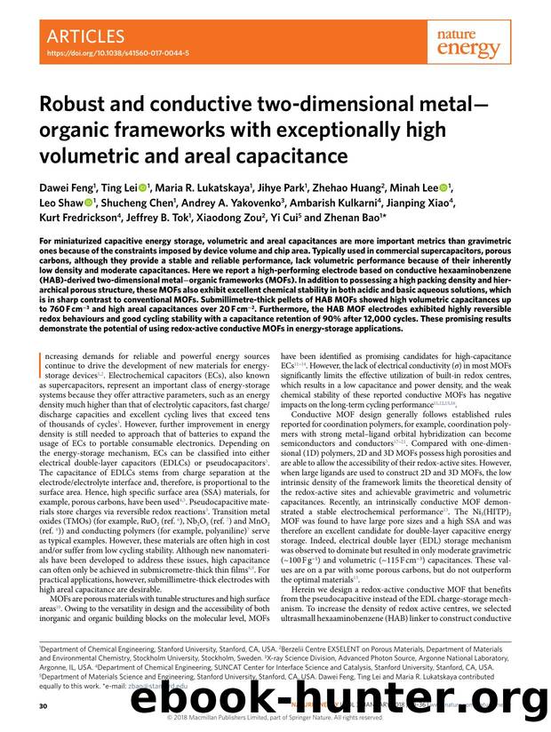 Robust and conductive two-dimensional metal-organic frameworks with exceptionally high volumetric and areal capacitance by unknow