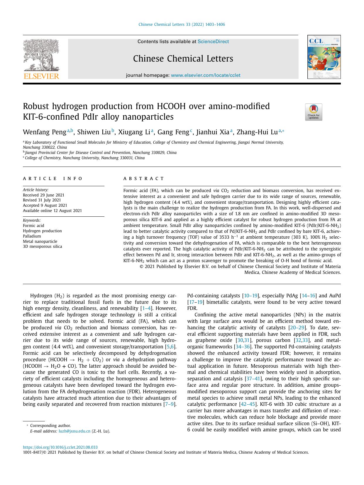 Robust hydrogen production from HCOOH over amino-modified KIT-6-confined PdIr alloy nanoparticles by Wenfang Peng & Shiwen Liu & Xiugang Li & Gang Feng & Jianhui Xia & Zhang-Hui Lu