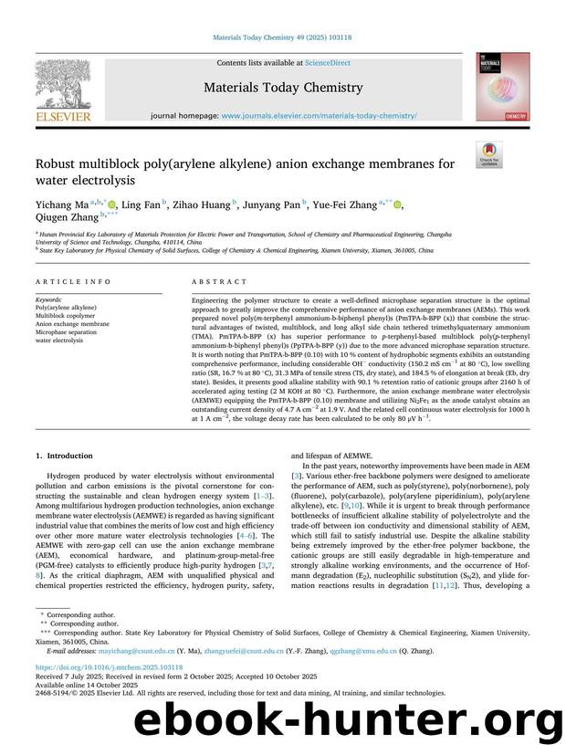 Robust multiblock poly(arylene alkylene) anion exchange membranes for water electrolysis by Yichang Ma & Ling Fan & Zihao Huang & Junyang Pan & Yue-Fei Zhang & Qiugen Zhang