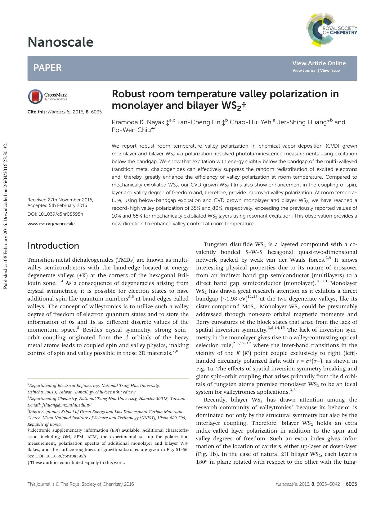 Robust room temperature valley polarization in monolayer and bilayer WS2 by Pramoda K. Nayak Fan-Cheng Lin Chao-Hui Yeh Jer-Shing Huang Po-Wen Chiu