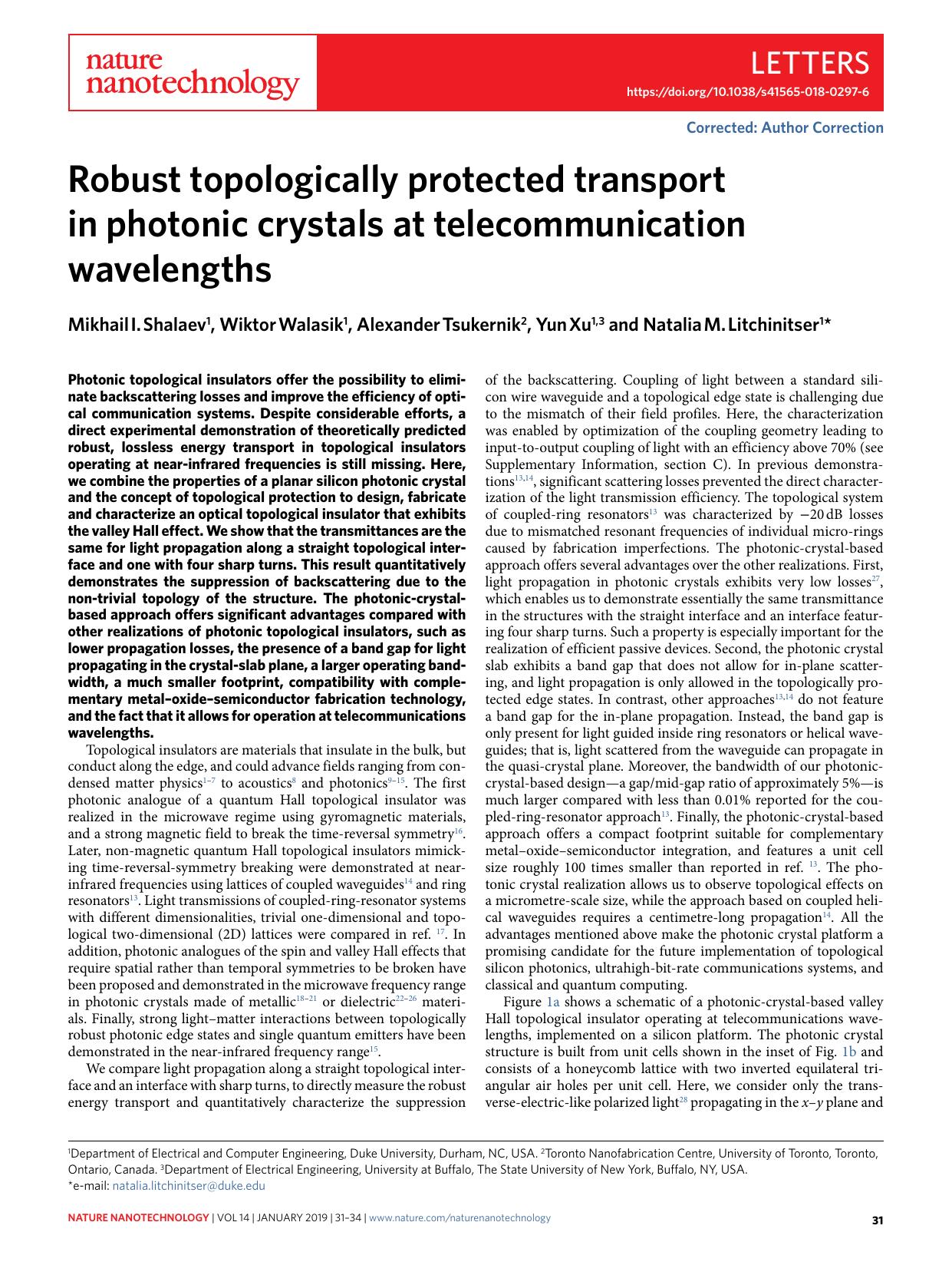 Robust topologically protected transport in photonic crystals at telecommunication wavelengths by Mikhail I. Shalaev & Wiktor Walasik & Alexander Tsukernik & Yun Xu & Natalia M. Litchinitser