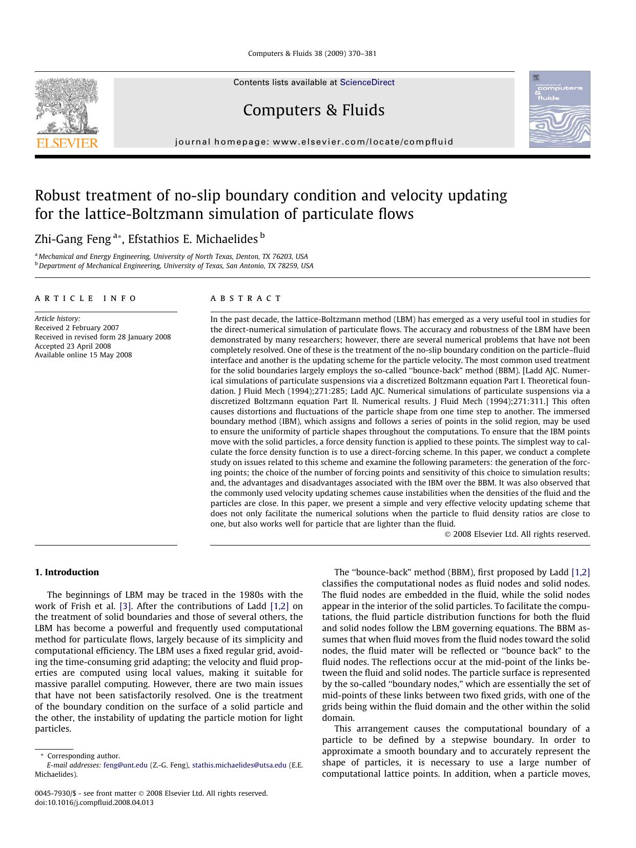 Robust treatment of no-slip boundary condition and velocity updating for the lattice-Boltzmann simulation of particulate flows by Zhi-Gang Feng; Efstathios E. Michaelides