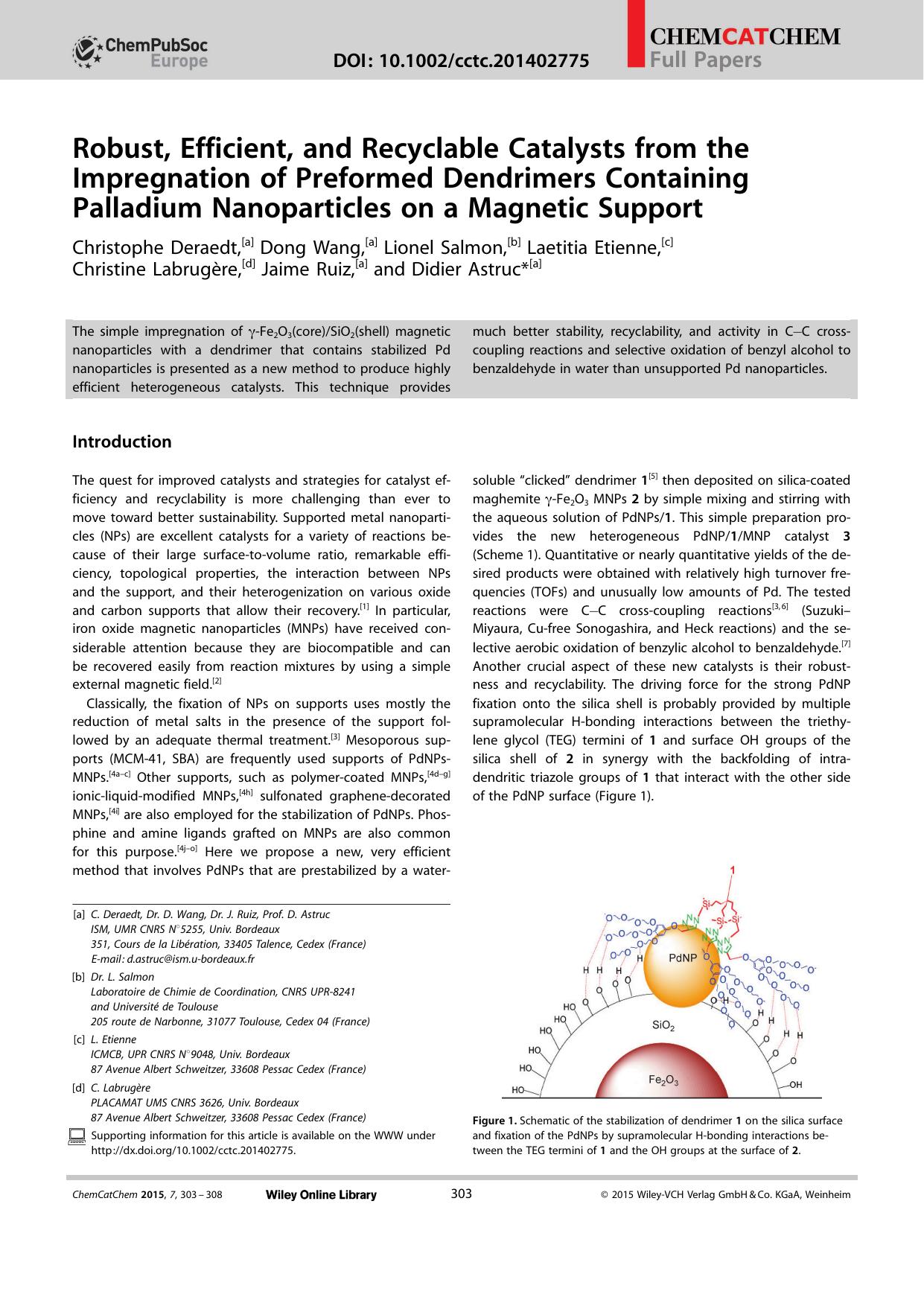 Robust, Efficient, and Recyclable Catalysts from the Impregnation of Preformed Dendrimers Containing Palladium Nanoparticles on a Magnetic Support by Unknown