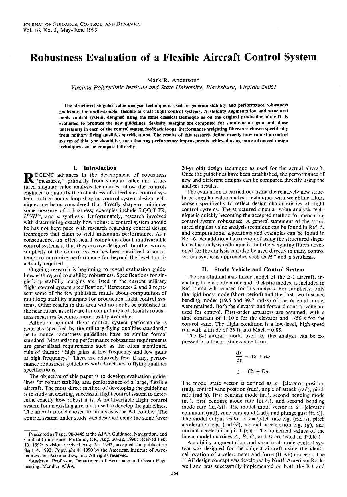 Robustness evaluation of a flexible aircraft control system by Unknown