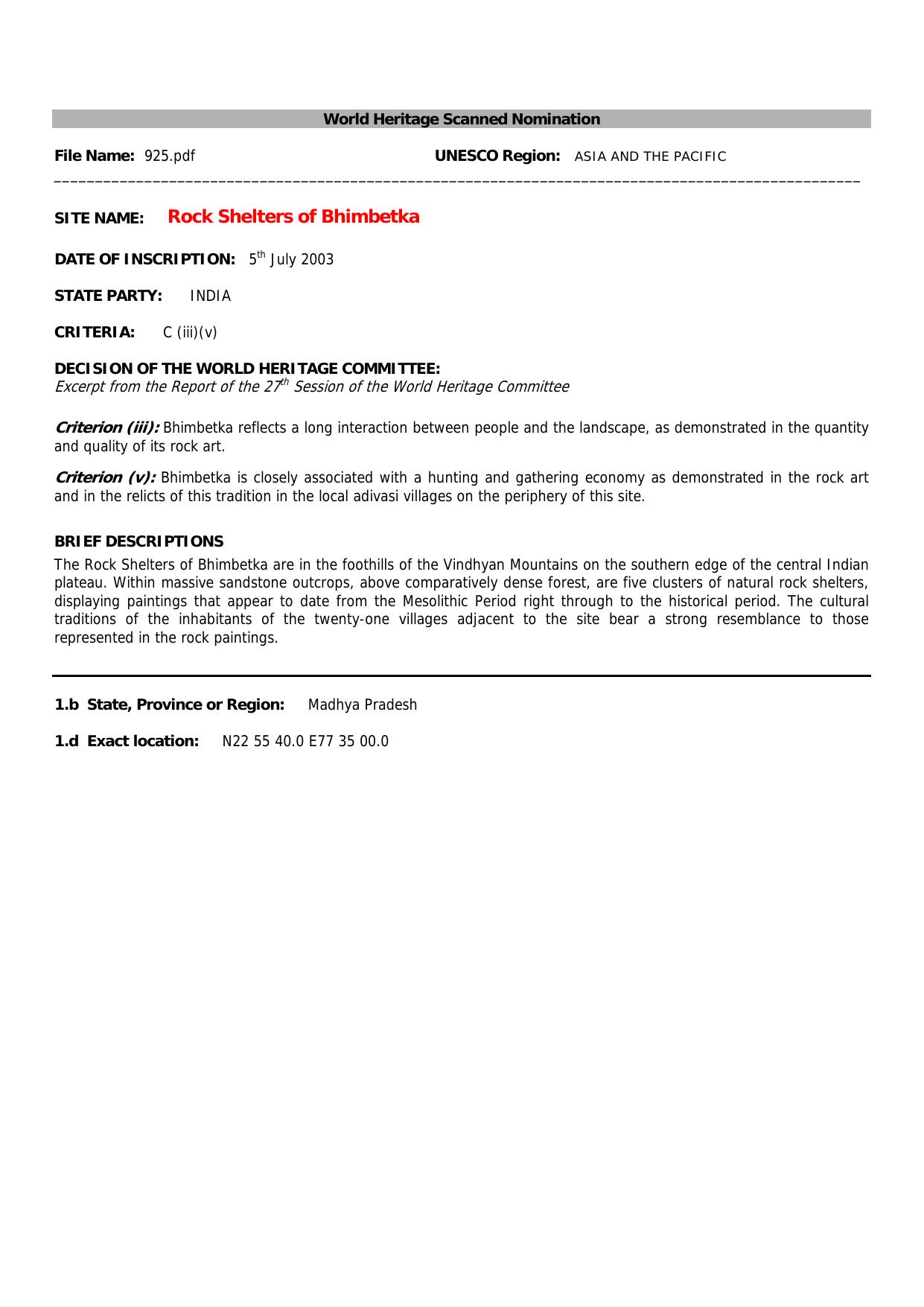 Rock Shelters of Bhimbetka by Archaeological Survey of India