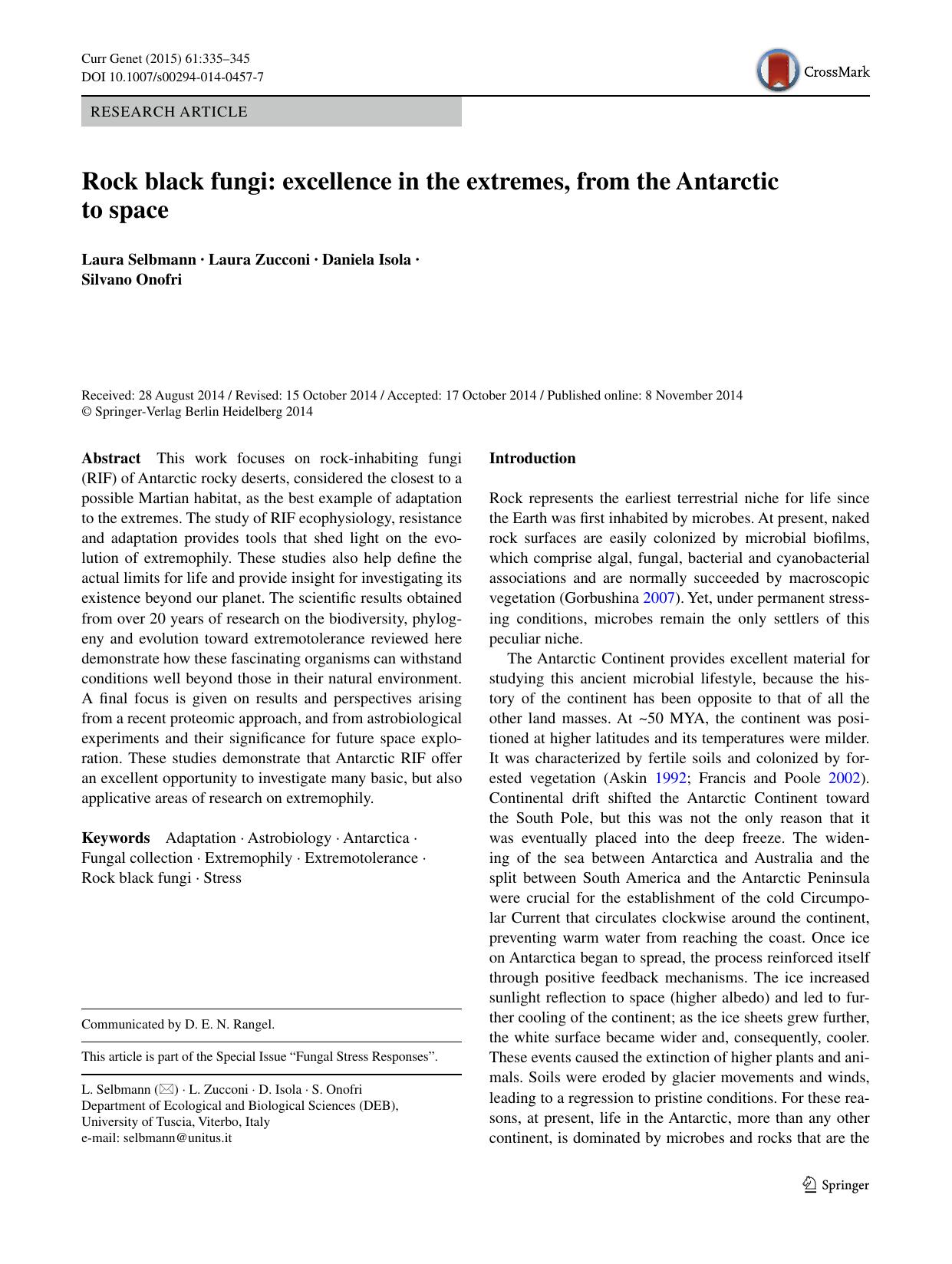 Rock black fungi: excellence in the extremes, from the Antarctic to space by Laura Selbmann & Laura Zucconi & Daniela Isola & Silvano Onofri