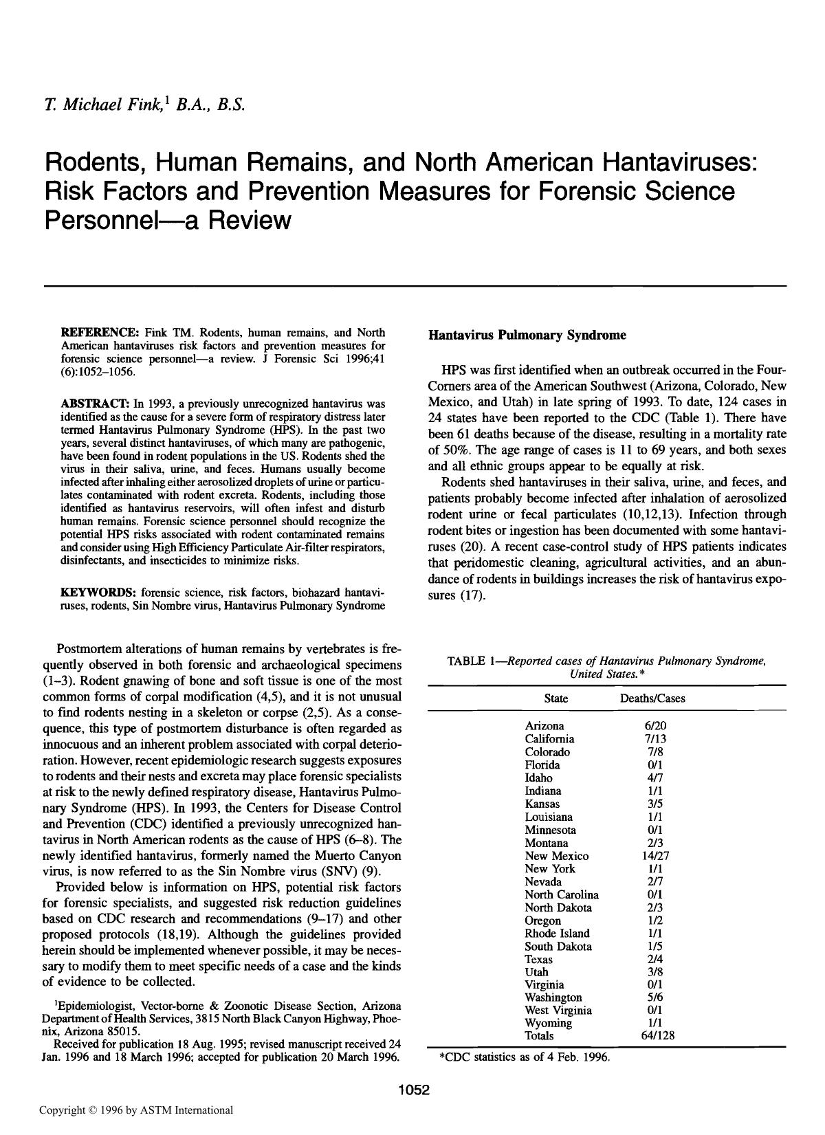 Rodents, human remains, and North American hantaviruses risk factors and prevention measures for forensic science personnelÅa review by Fink TM