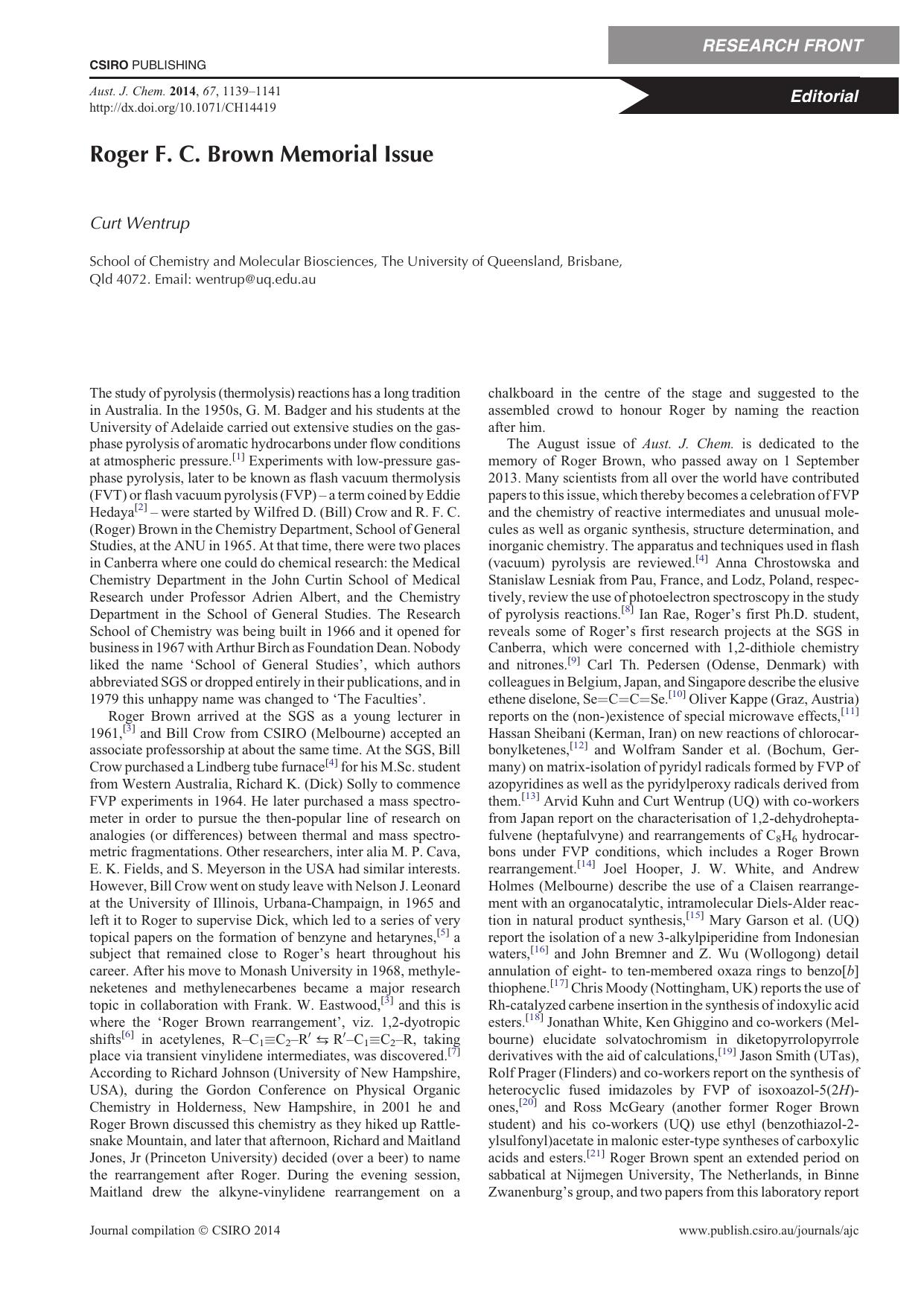 Roger F. C. Brown Memorial Issue by C. Wentrup