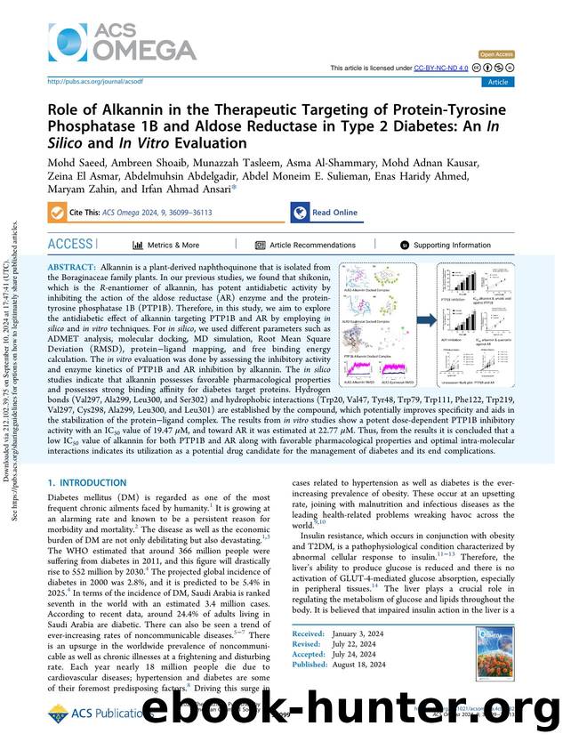 Role of Alkannin in the Therapeutic Targeting of Protein-Tyrosine Phosphatase 1B and Aldose Reductase in Type 2 Diabetes: An In Silico and In Vitro Evaluation by unknow