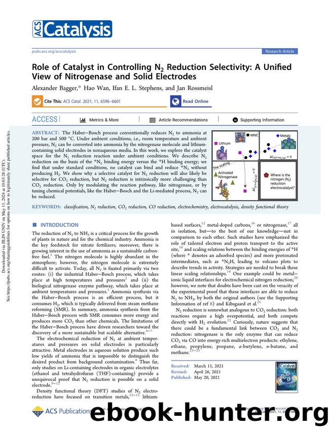 Role of Catalyst in Controlling N2 Reduction Selectivity: A Unified View of Nitrogenase and Solid Electrodes by Alexander Bagger Hao Wan Ifan E. L. Stephens & Jan Rossmeisl