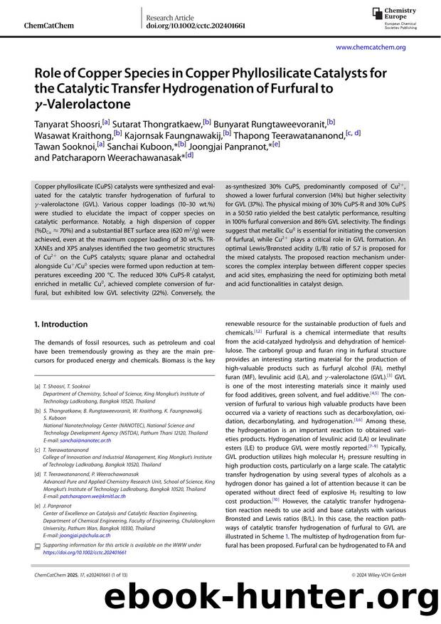 Role of Copper Species in Copper Phyllosilicate Catalysts for the Catalytic Transfer Hydrogenation of Furfural to γ‐Valerolactone by Unknown