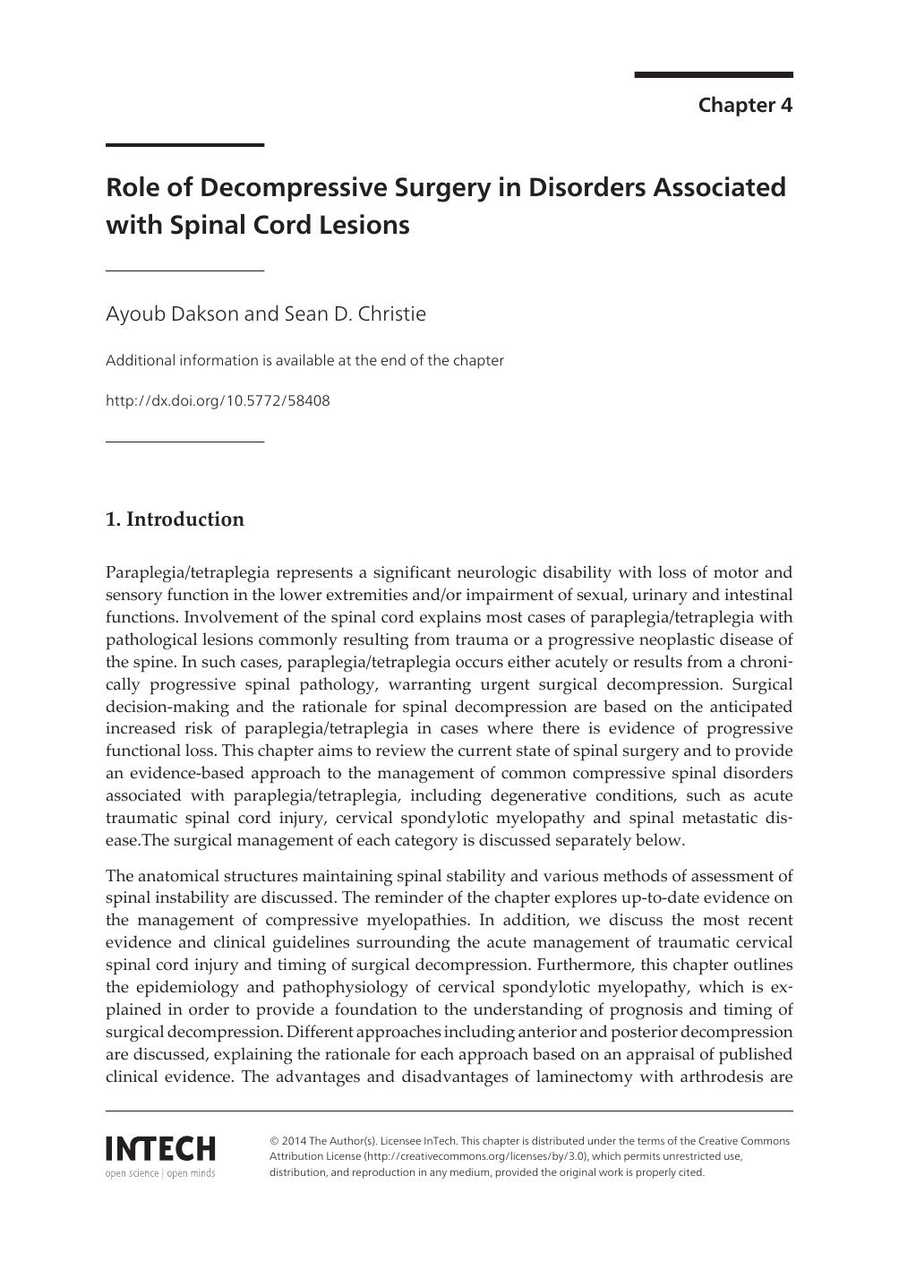 Role of Decompressive Surgery in Disorders Associated with Spinal Cord Lesions by Ayoub Dakson & Sean D. Christie
