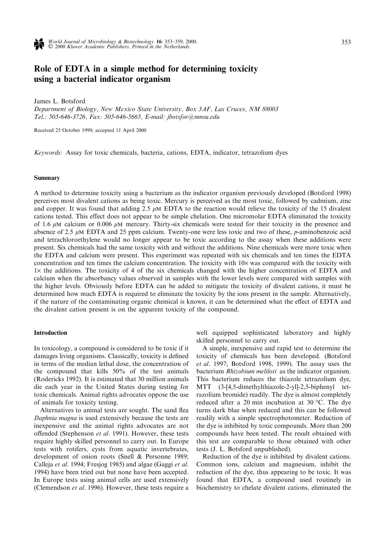 Role of EDTA in a simple method for determining toxicity using a bacterial indicator organism by Unknown