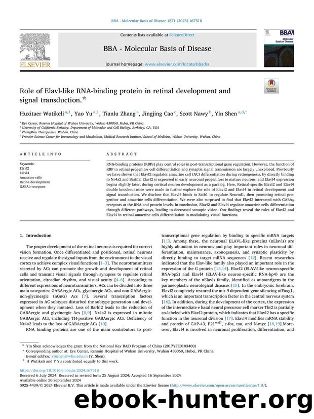 Role of Elavl-like RNA-binding protein in retinal development and signal transduction. by Huxitaer Wutikeli & Yao Yu & Tianlu Zhang & Jingjing Cao & Scott Nawy & Yin Shen