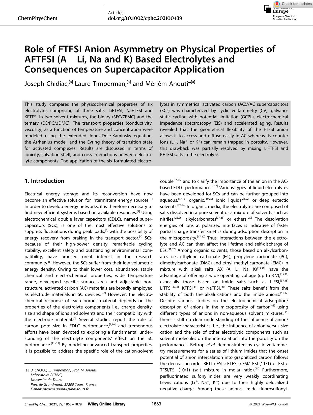Role of FTFSI Anion Asymmetry on Physical Properties of AFTFSI (A=Li, Na and K) Based Electrolytes and Consequences on Supercapacitor Application by Unknown