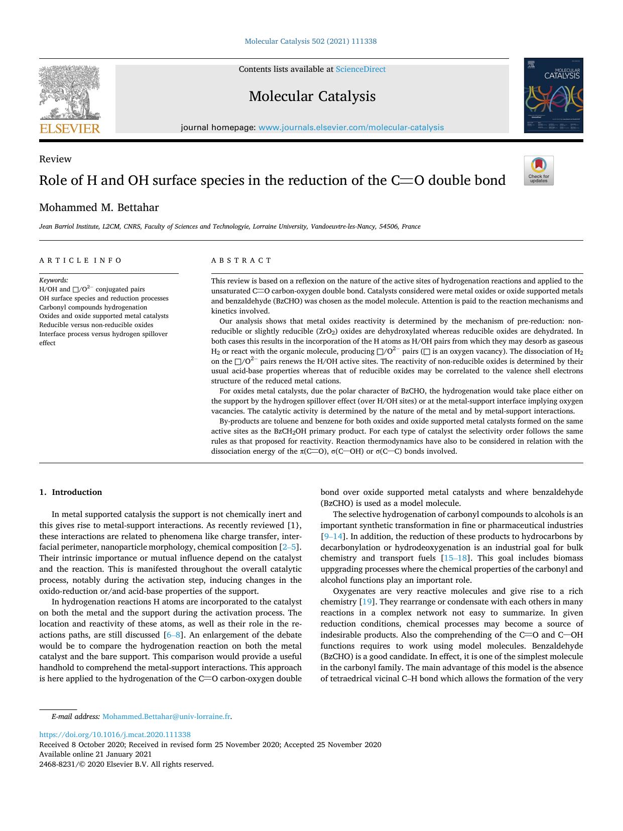 Role of H and OH surface species in the reduction of the C[dbnd]O double bond by Mohammed M. Bettahar