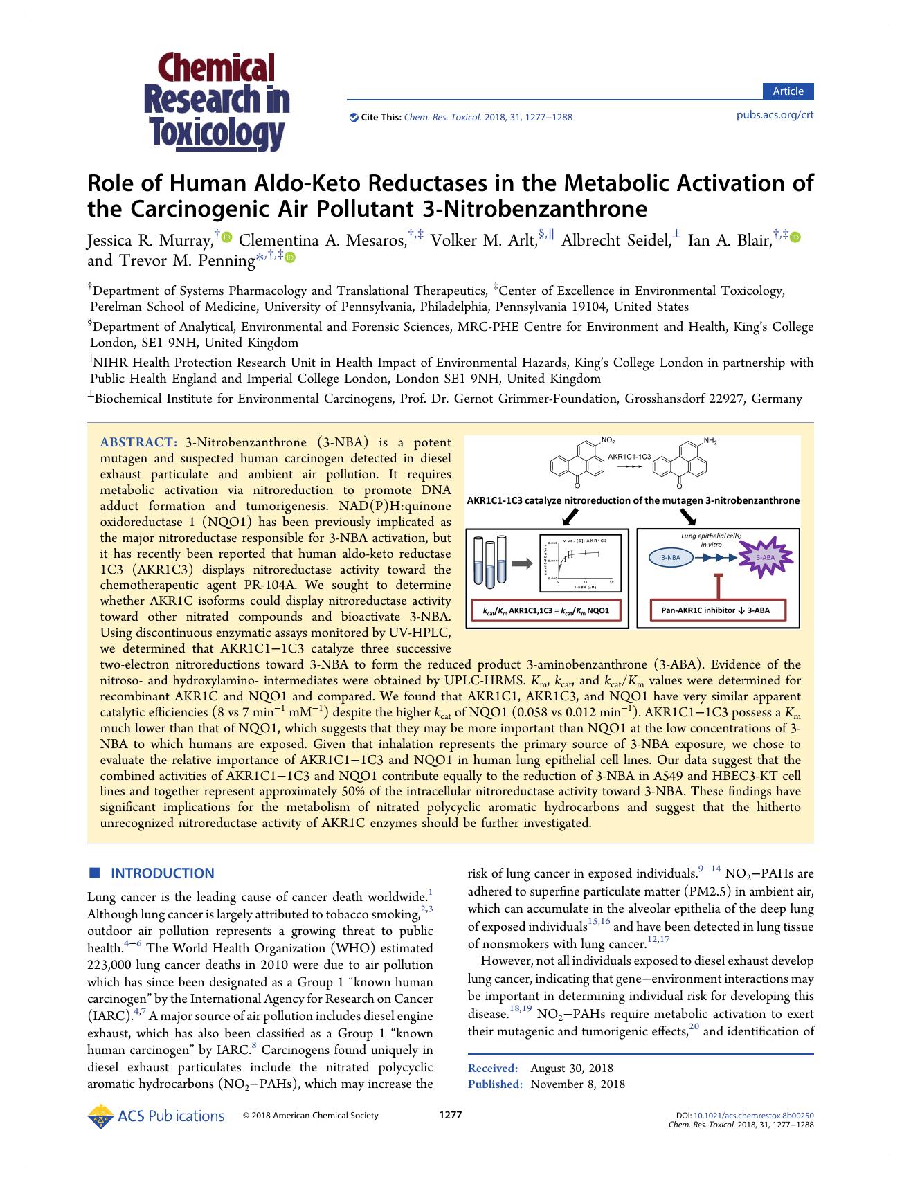 Role of Human Aldo-Keto Reductases in the Metabolic Activation of the Carcinogenic Air Pollutant 3-Nitrobenzanthrone by unknow