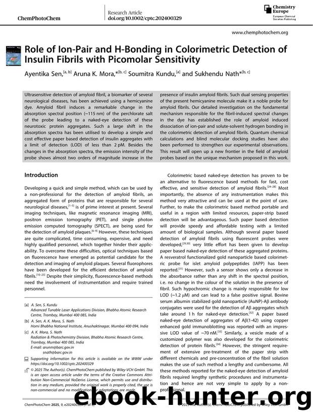Role of IonâPair and HâBonding in Colorimetric Detection of Insulin Fibrils with Picomolar Sensitivity by Ayentika Sen & Aruna K. Mora & Soumitra Kundu & Sukhendu Nath