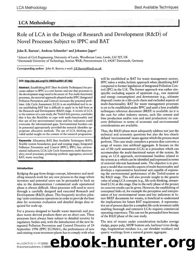 Role of LCA in the design of research and development (R&amp;D) of novel processes subject to IPPC and BAT by Unknown