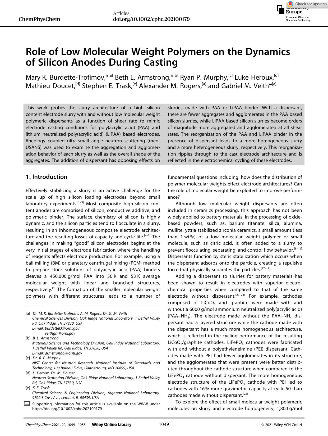 Role of Low Molecular Weight Polymers on the Dynamics of Silicon Anodes During Casting by Unknown
