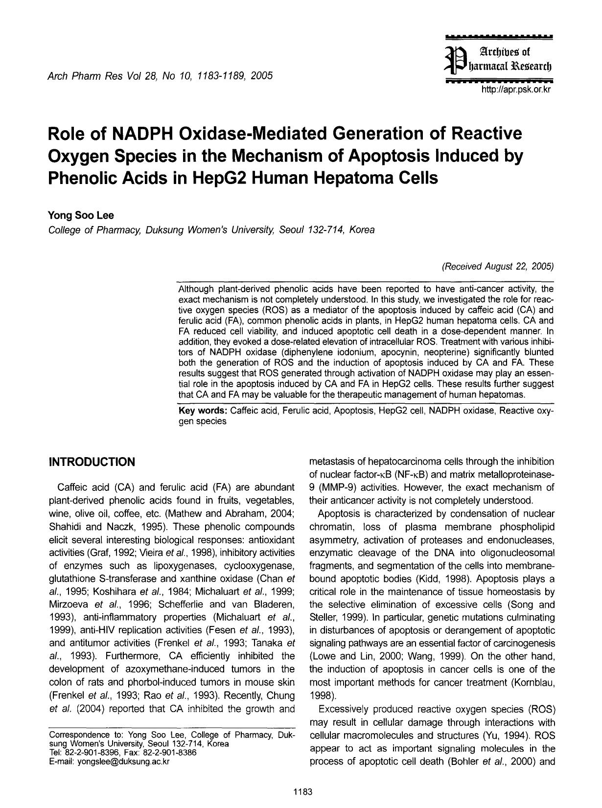 Role of NADPH oxidase-mediated generation of reactive oxygen species in the mechanism of apoptosis induced by phenolic acids in HepG2 human hepatoma cells by Unknown