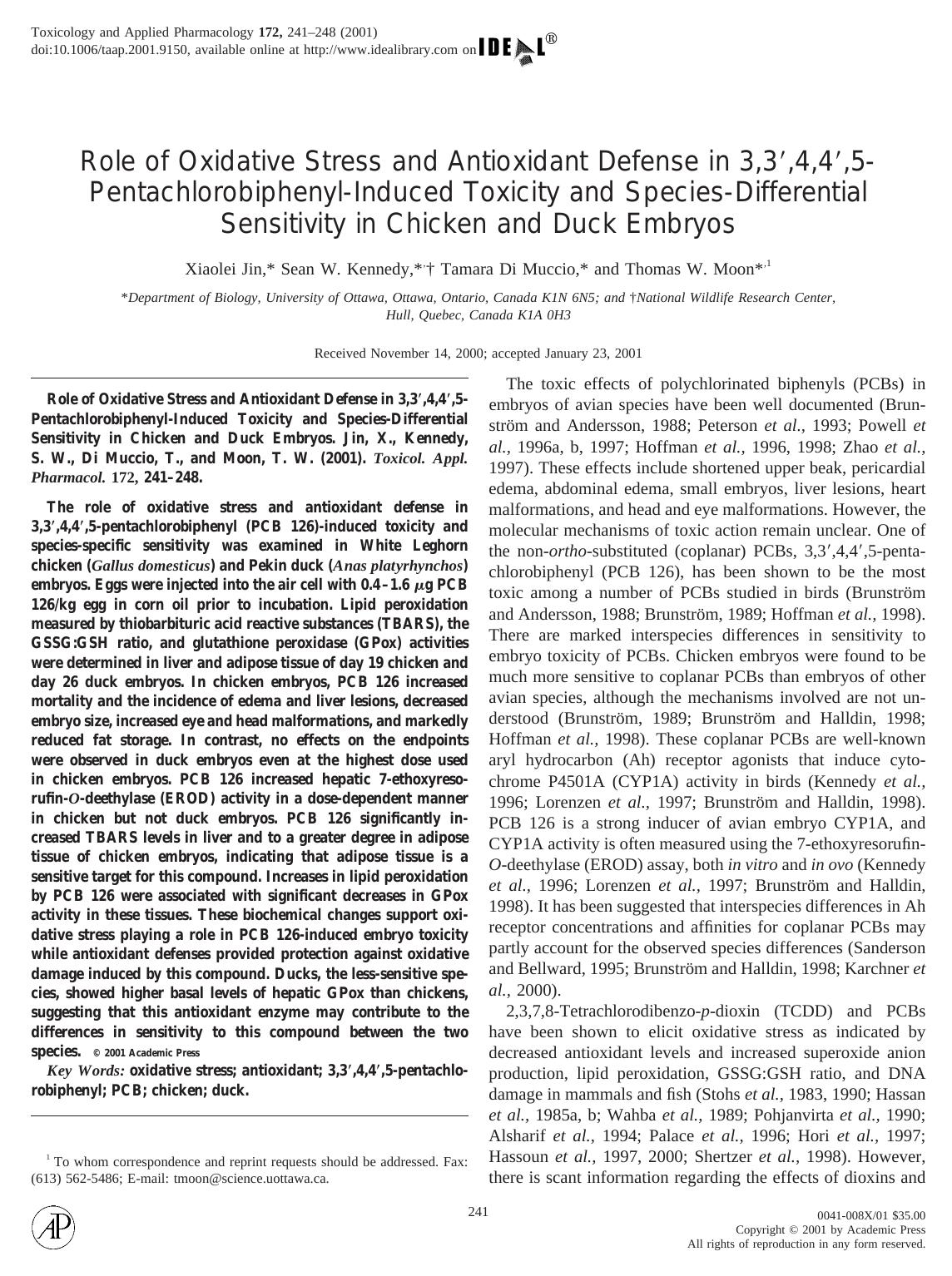 Role of Oxidative Stress and Antioxidant Defense in 3,3',4,4',5-Pentachlorobiphenyl-Induced Toxicity and Species-Differential Sensitivity in Chicken and Duck Embryos by Jin X. et al