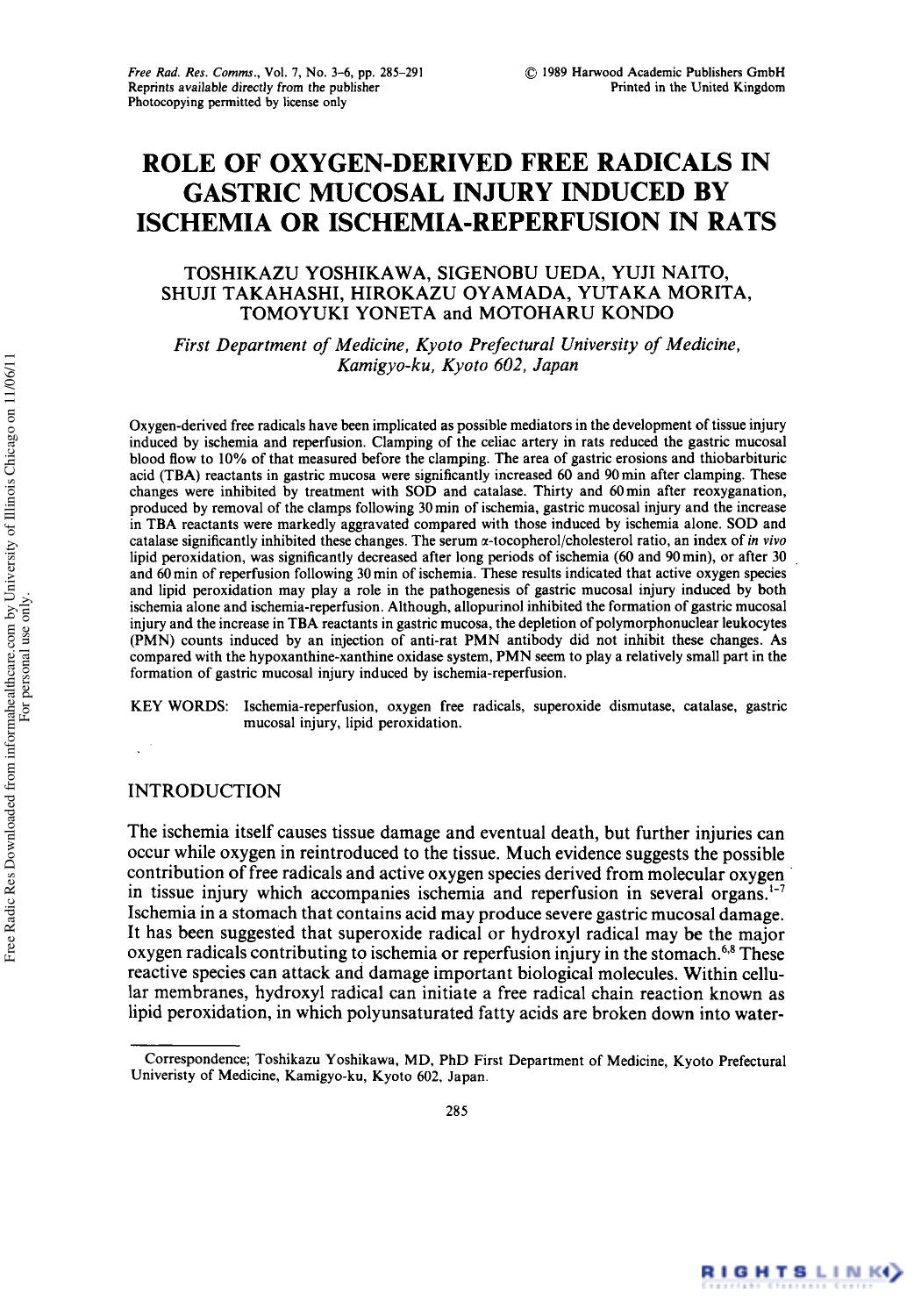 Role of Oxygen-Derived Free Radicals in Gastric Mucosal Injury Induced by Ischemia or Ischemia-Reperfusion in Rats by unknow