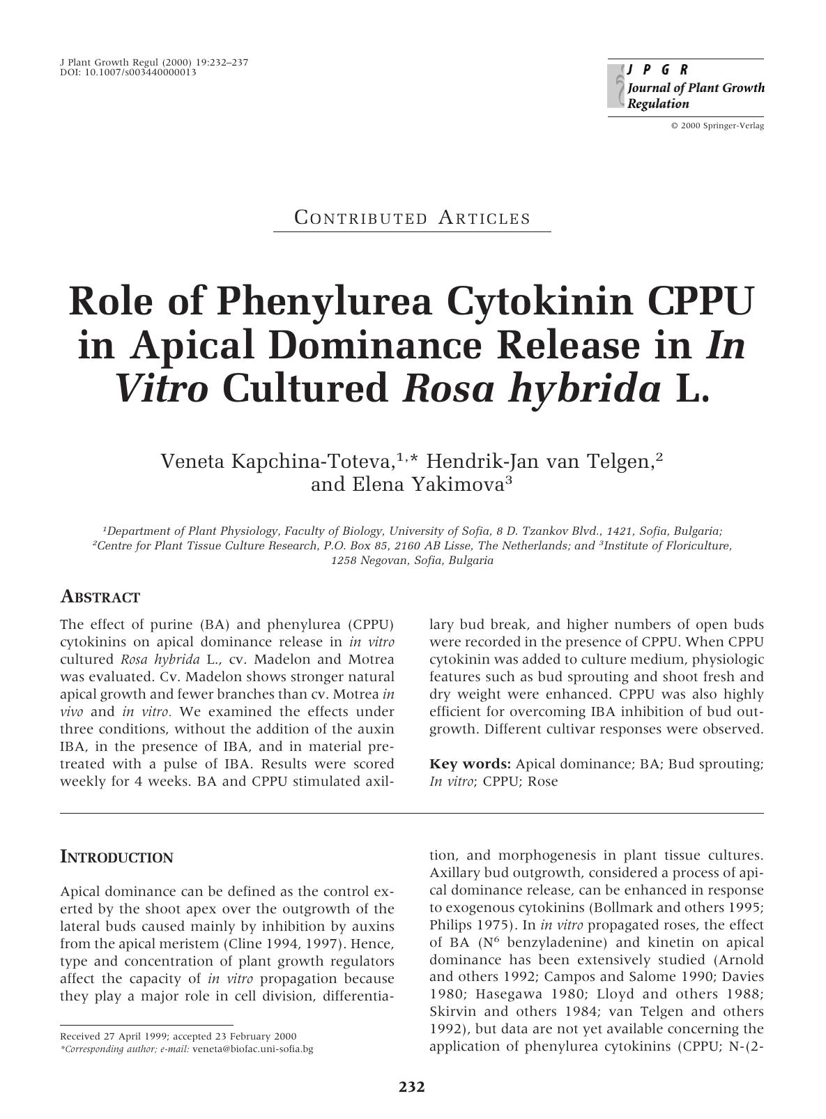 Role of Phenylurea Cytokinin CPPU in Apical Dominance Release in In Vitro Cultured Rosa hybrida L. by Kapchina-Toteva V. et al