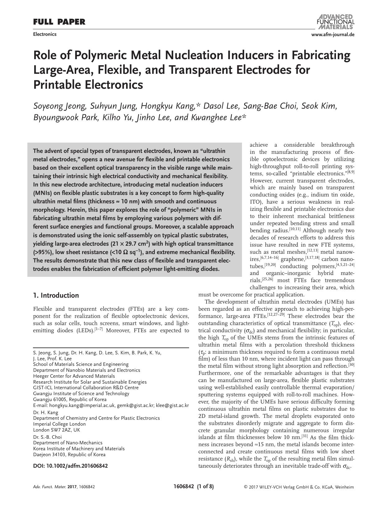Role of Polymeric Metal Nucleation Inducers in Fabricating Large&#x02010;Area, Flexible, and Transparent Electrodes for Printable Electronics by Unknown