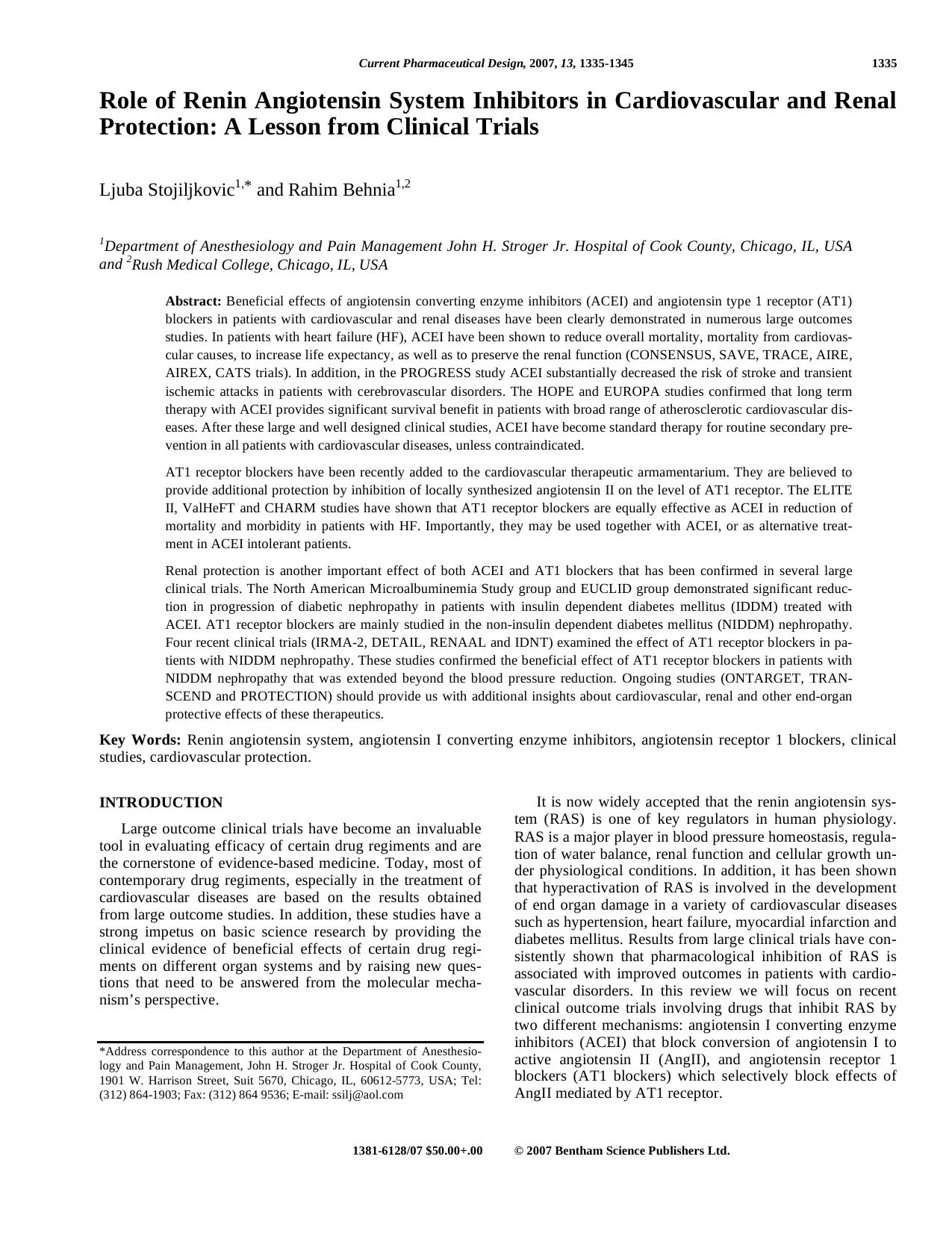 Role of Renin Angiotensin System Inhibitors in Cardiovascular and Renal Protection: A Lesson from Clinical Trials by Ljuba Stojiljkovic ; Rahim Behnia