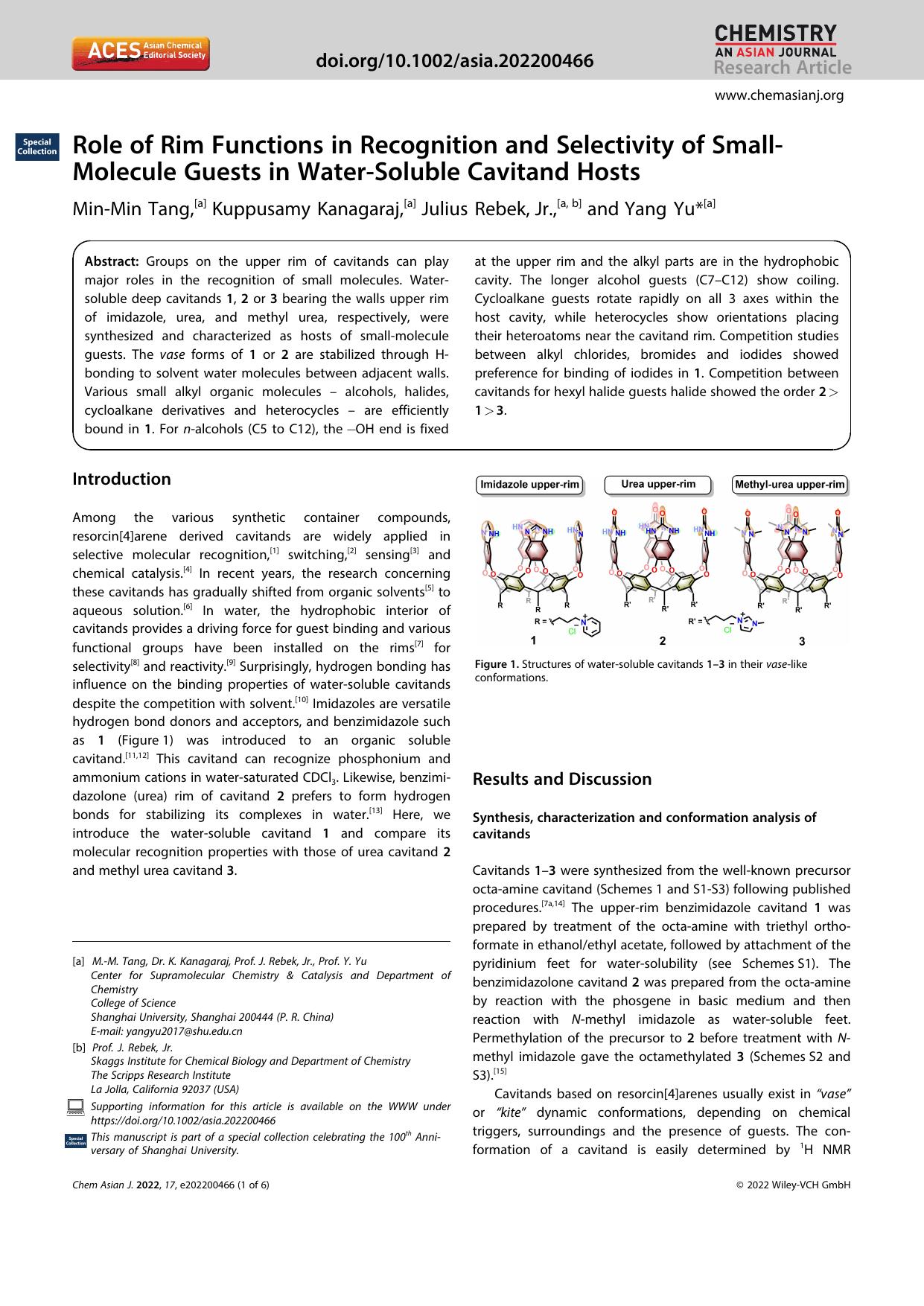Role of Rim Functions in Recognition and Selectivity of SmallâMolecule Guests in WaterâSoluble Cavitand Hosts by Unknown