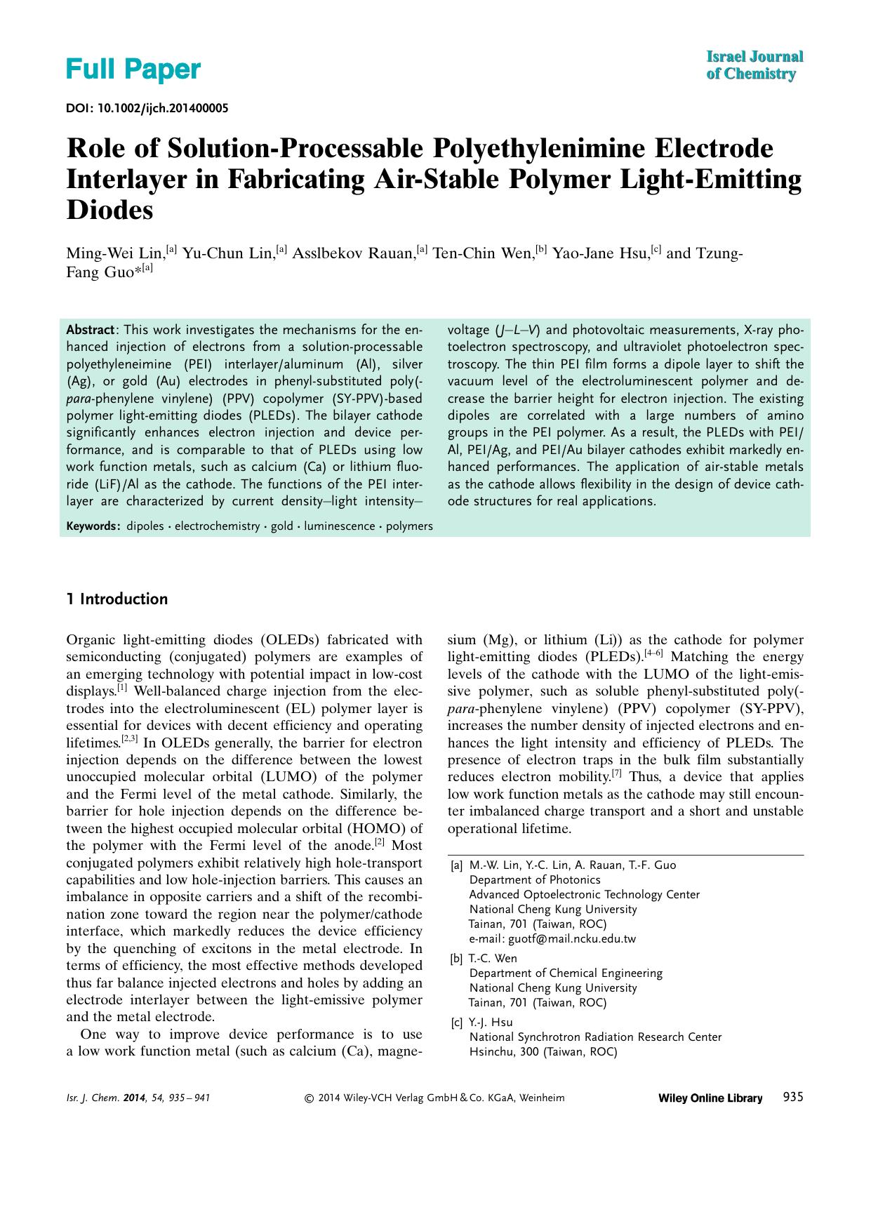 Role of SolutionProcessable Polyethylenimine Electrode Interlayer in Fabricating AirStable Polymer LightEmitting Diodes by Unknown