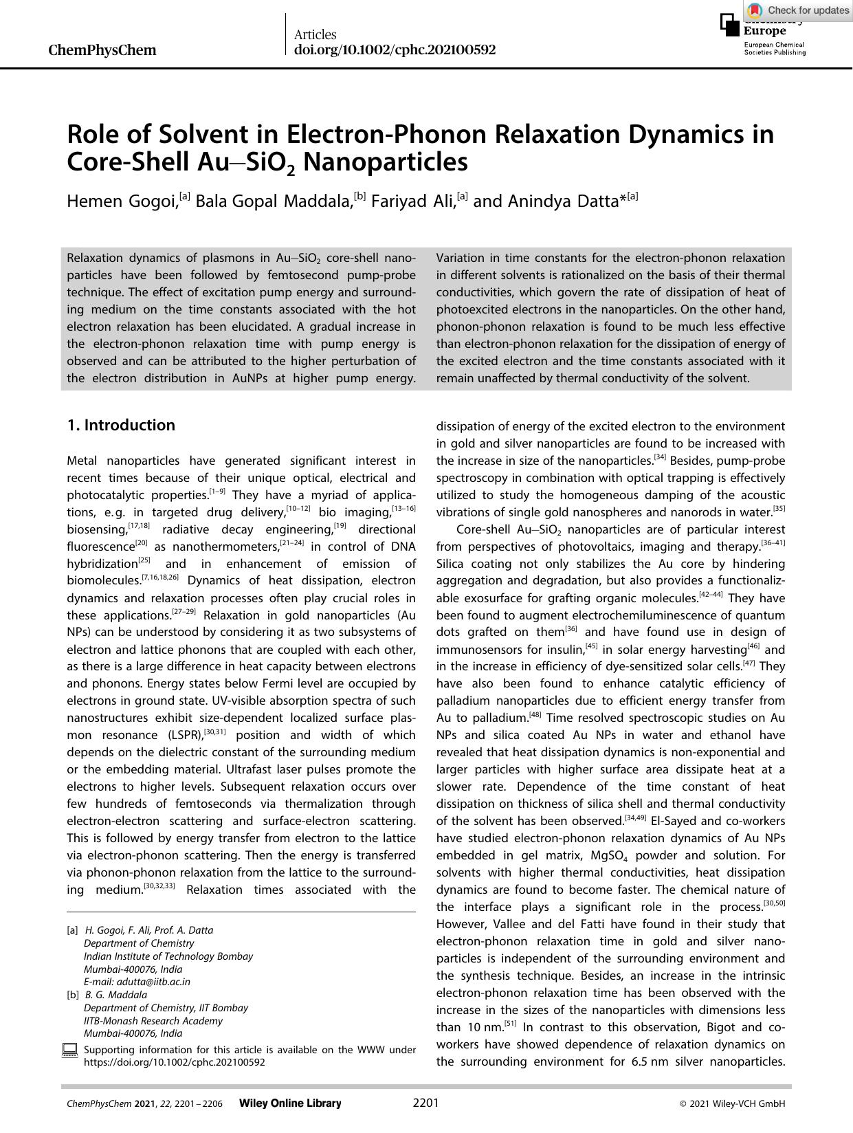 Role of Solvent in ElectronâPhonon Relaxation Dynamics in CoreâShell AuâSiO2 Nanoparticles by Unknown