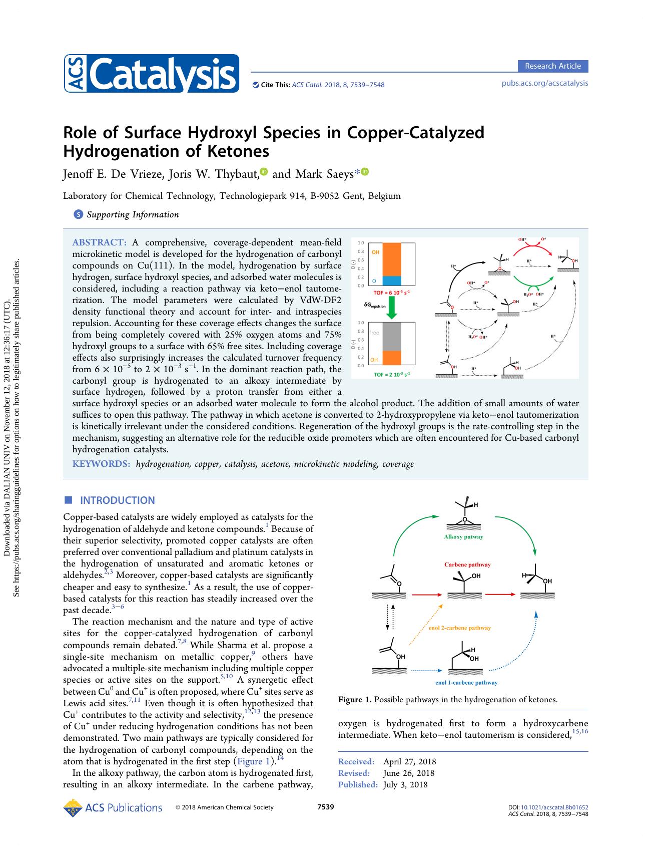 Role of Surface Hydroxyl Species in Copper-Catalyzed Hydrogenation of Ketones by Jenoff E. De Vrieze & Joris W. Thybaut & Mark Saeys
