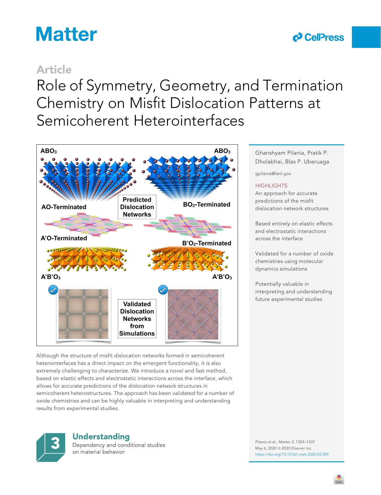 Role of Symmetry, Geometry, and Termination Chemistry on Misfit Dislocation Patterns at Semicoherent Heterointerfaces by Ghanshyam Pilania & Pratik P. Dholabhai & Blas P. Uberuaga