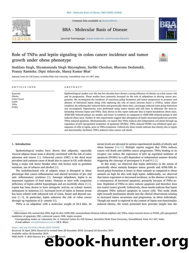 Role of TNFÎ± and leptin signaling in colon cancer incidence and tumor growth under obese phenotype by unknow