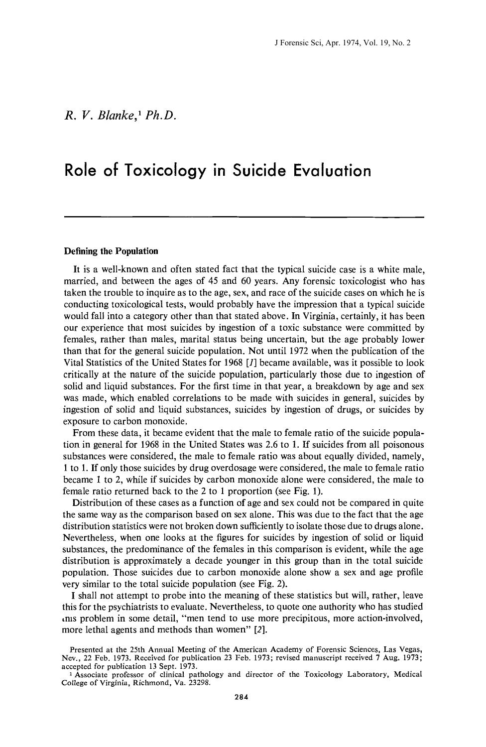 Role of Toxicology in Suicide Evaluation by Blanke RV
