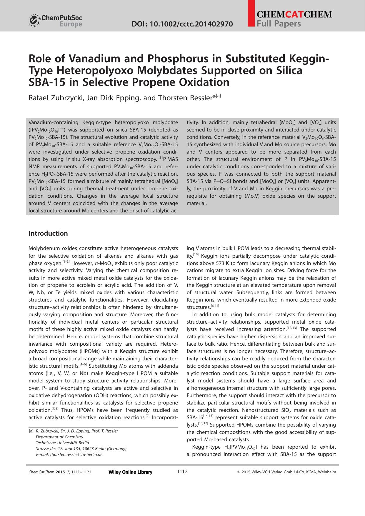 Role of Vanadium and Phosphorus in Substituted KegginType Heteropolyoxo Molybdates Supported on Silica SBA15 in Selective Propene Oxidation by Unknown