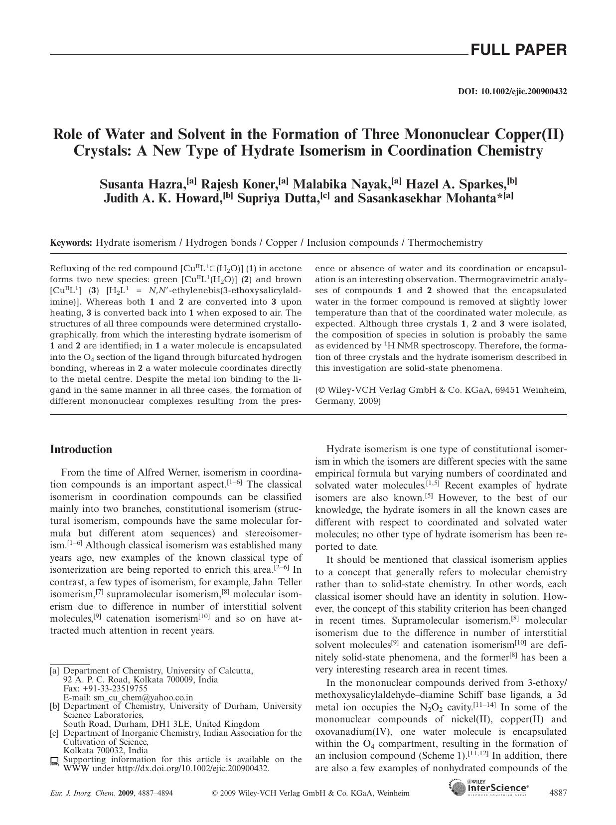 Role of Water and Solvent in the Formation of Three Mononuclear Copper(II) Crystals: A New Type of Hydrate Isomerism in Coordination Chemistry by Unknown
