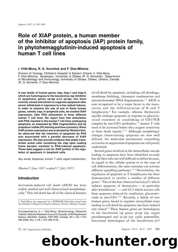 Role of XIAP protein, a human member of the inhibitor of apoptosis (IAP) protein family, in phytohemagglutinin-induced apoptosis of human T cell lines by Unknown