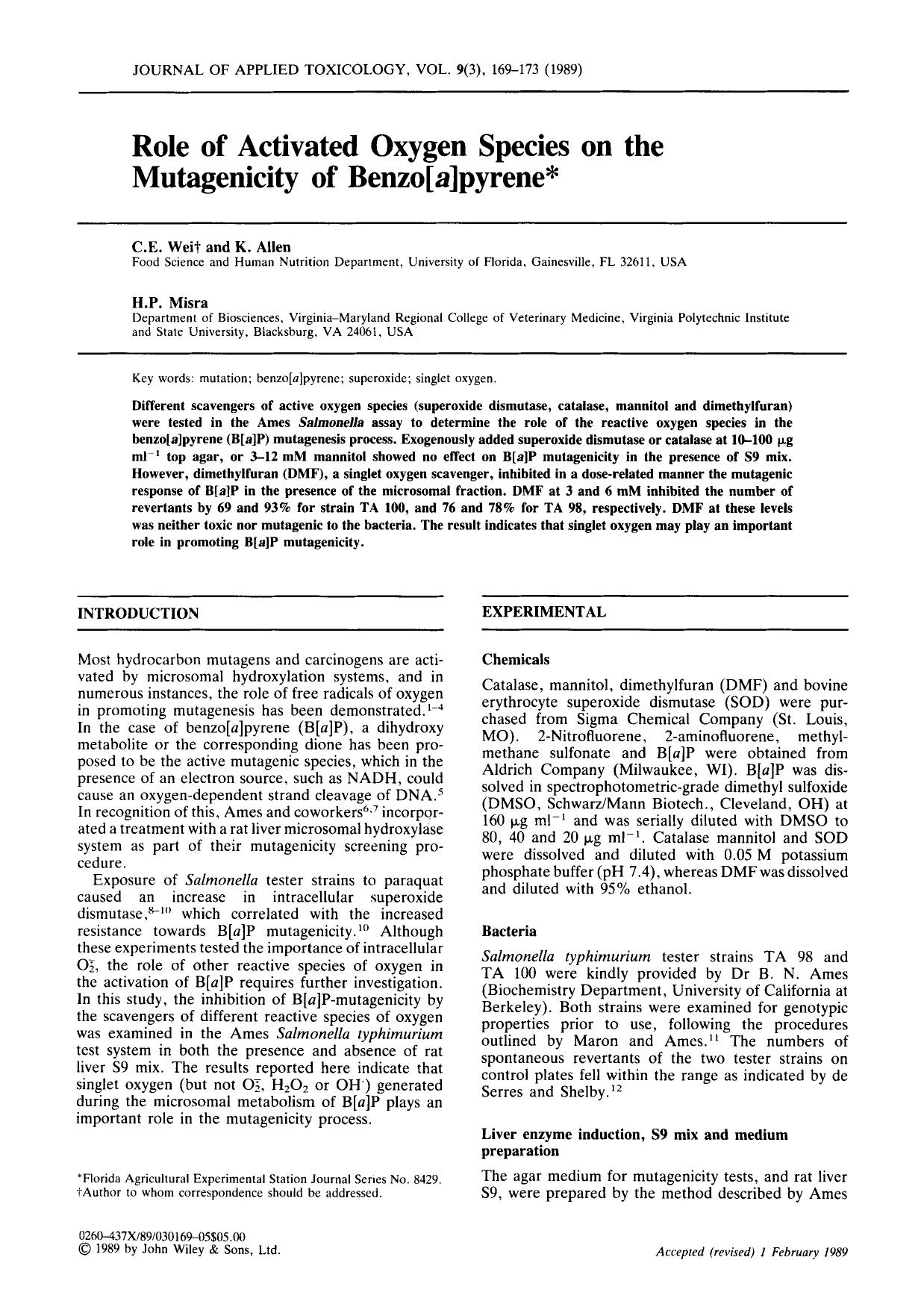 Role of activated oxygen species on the mutagenicity of benzo[a]pyrene by Unknown