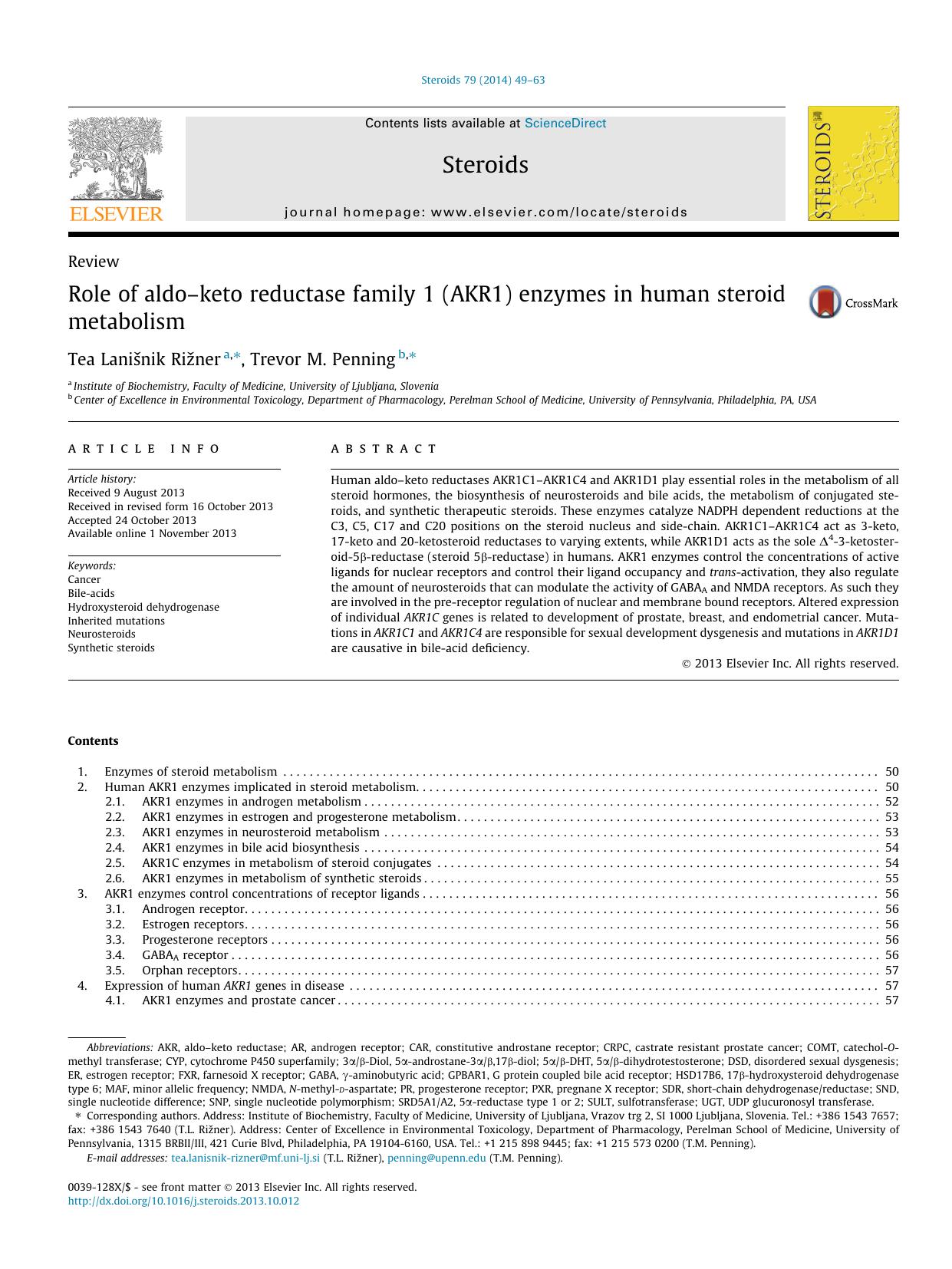 Role of aldoâ€“keto reductase family 1 (AKR1) enzymes in human steroid metabolism by Tea LaniÅ¡nik RiÅ¾ner & Trevor M. Penning