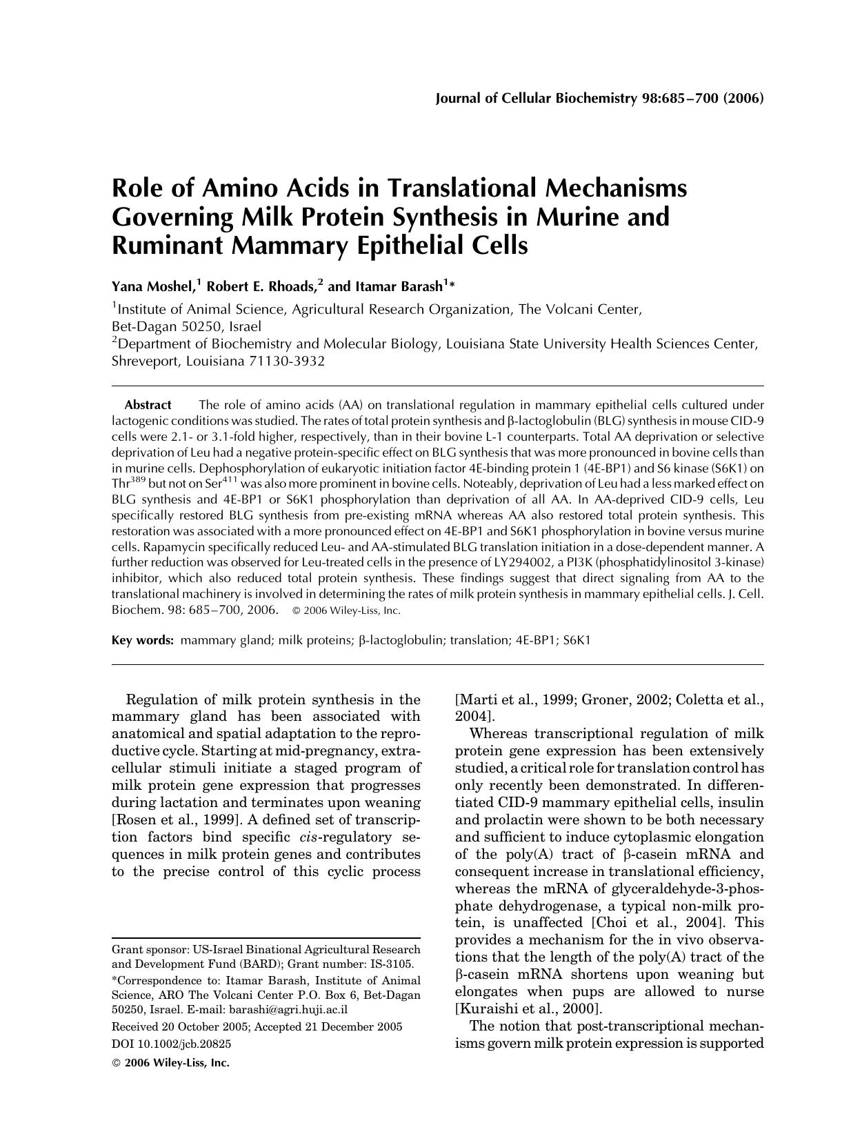 Role of amino acids in translational mechanisms governing milk protein synthesis in murine and ruminant mammary epithelial cells by Unknown